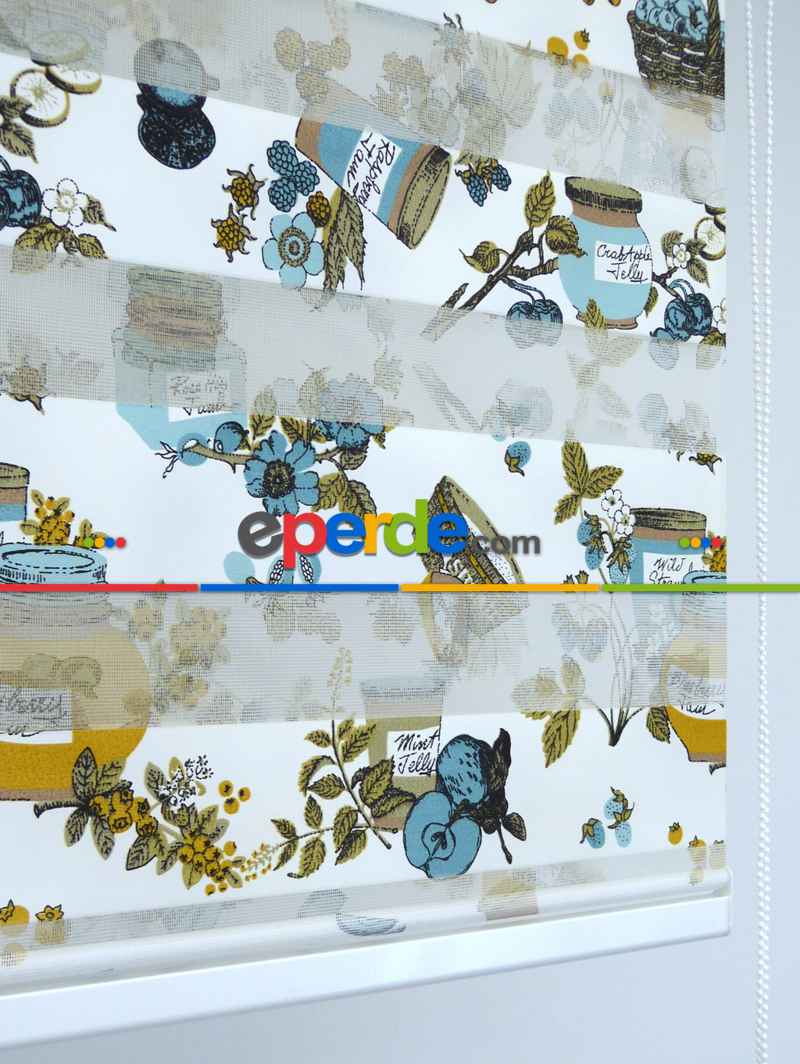 Mutfak Zebra Perde 12-768- Turkuaz-sütlü Kahve