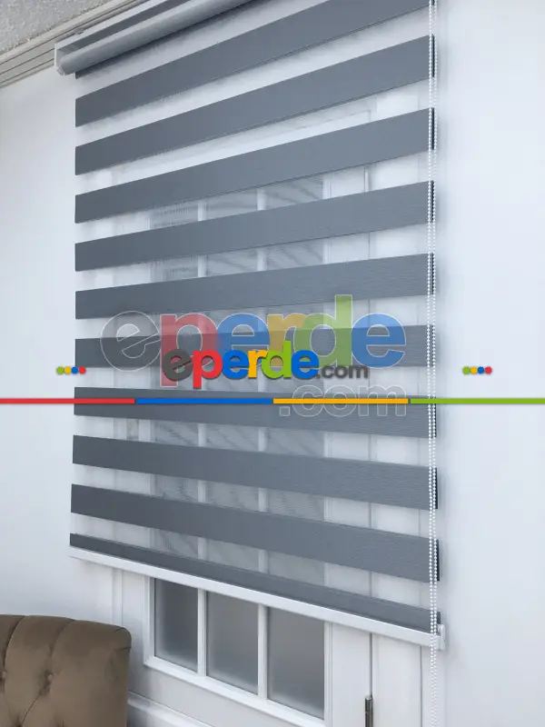 New Gri Düz Bambu Kalın Dokulu Zebra Perde- Füme