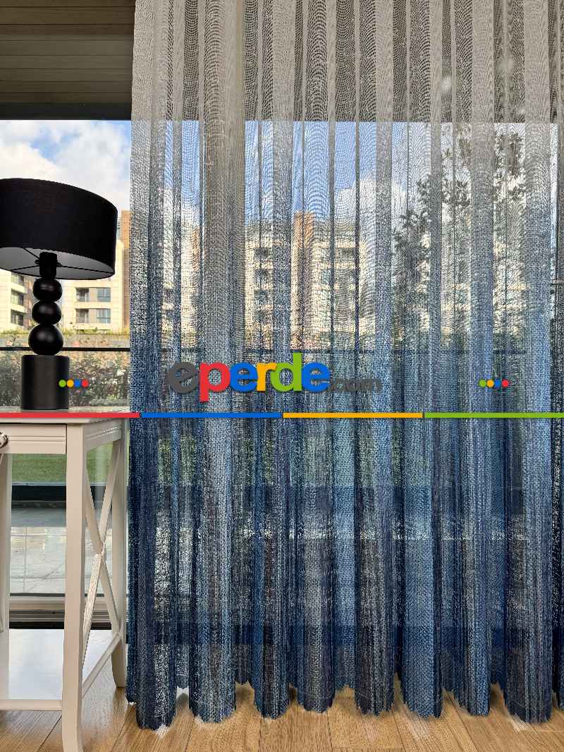 Mavi Degrade Geçişli Tül Perde, Fransız Örme Tül