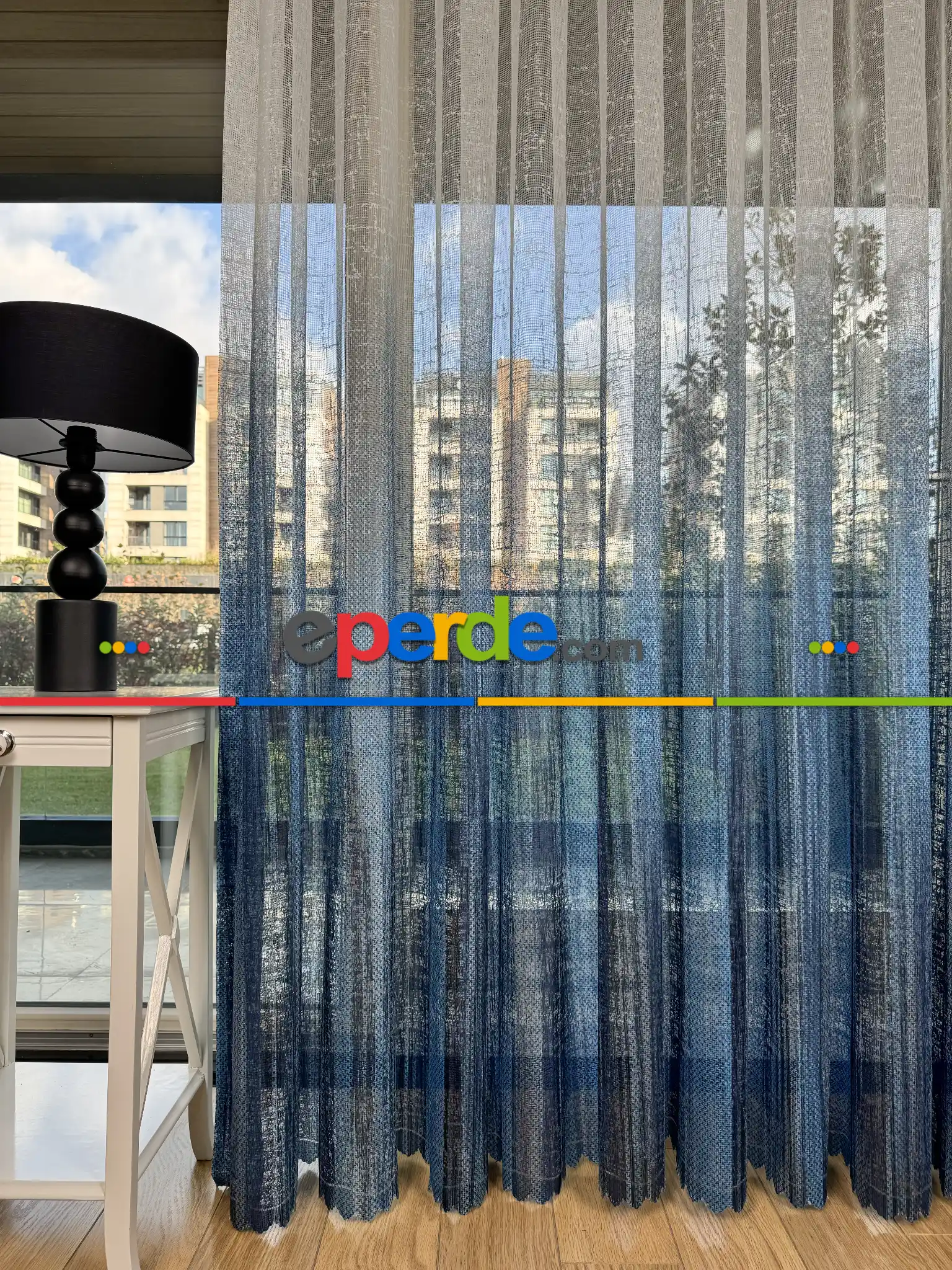 Salon - Mavi Degrade Geçişli Tül Perde, Fransız Örme Tül