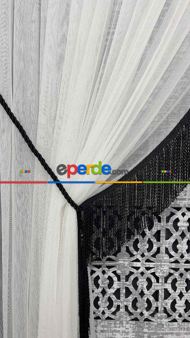 Salon Fon Siyah Saçak Detaylı Tül Fon Perde - Kordon Toplama-bambu Tül