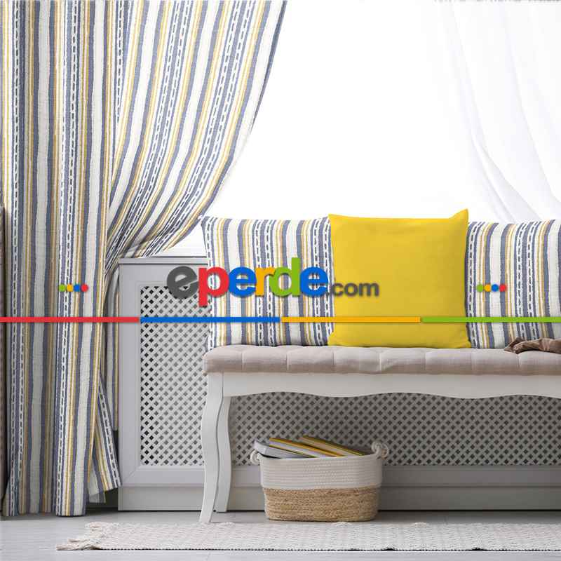 Etnik Fon Perde Evim1538 Kumaşı Kalındır Duck Bezi Değildir- Mavi-beyaz