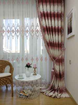 Renk Geçişli Jakar Desenli Salon Fon Perdesi - Pembe - Kiremit - Bej ( Kendinden Saçaklı)- Bej-pembe-kiremit Rengi