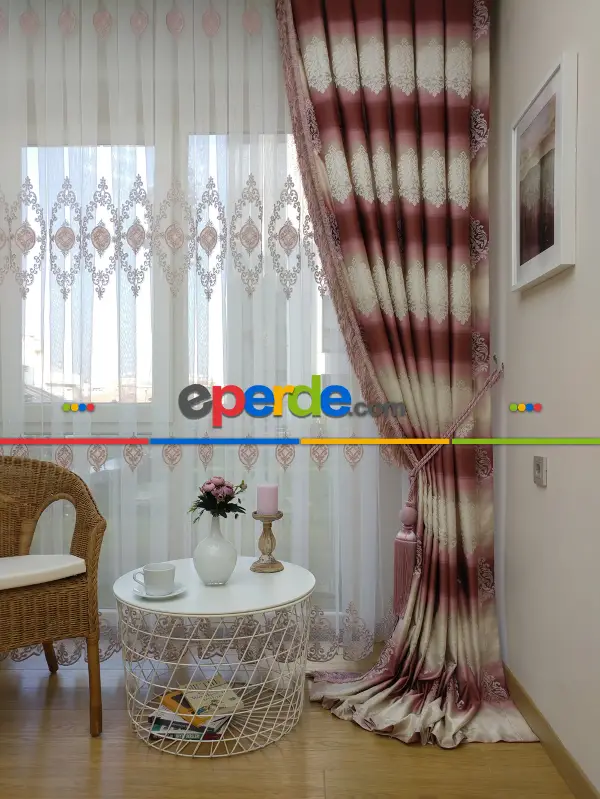 Renk Geçişli Jakar Desenli Salon Fon Perdesi - Pembe - Kiremit - Bej ( Kendinden Saçaklı)- Bej-pembe-kiremit Rengi