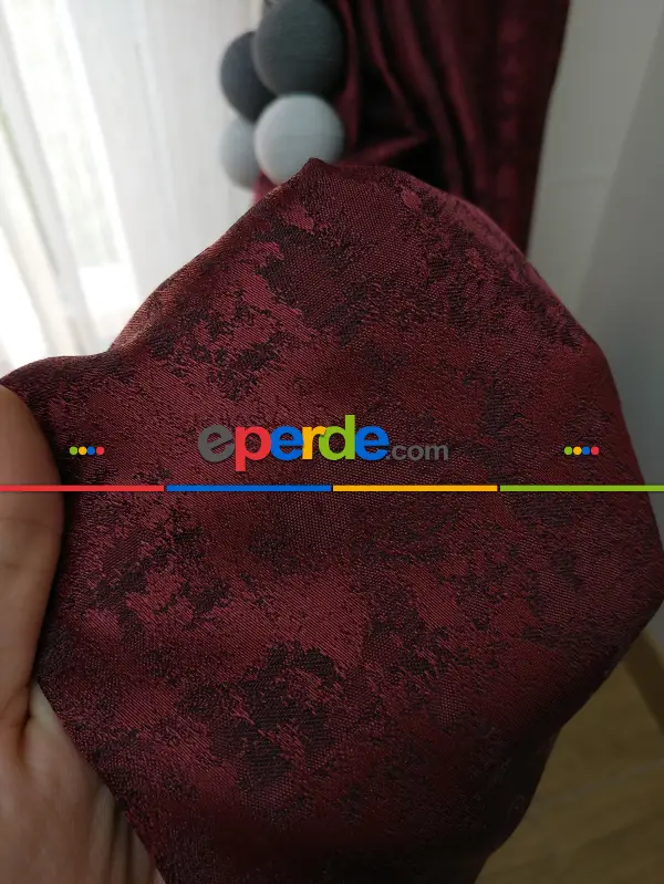 Koyu Bordo Renk Jakar Desenli Fon Perde- Bordo