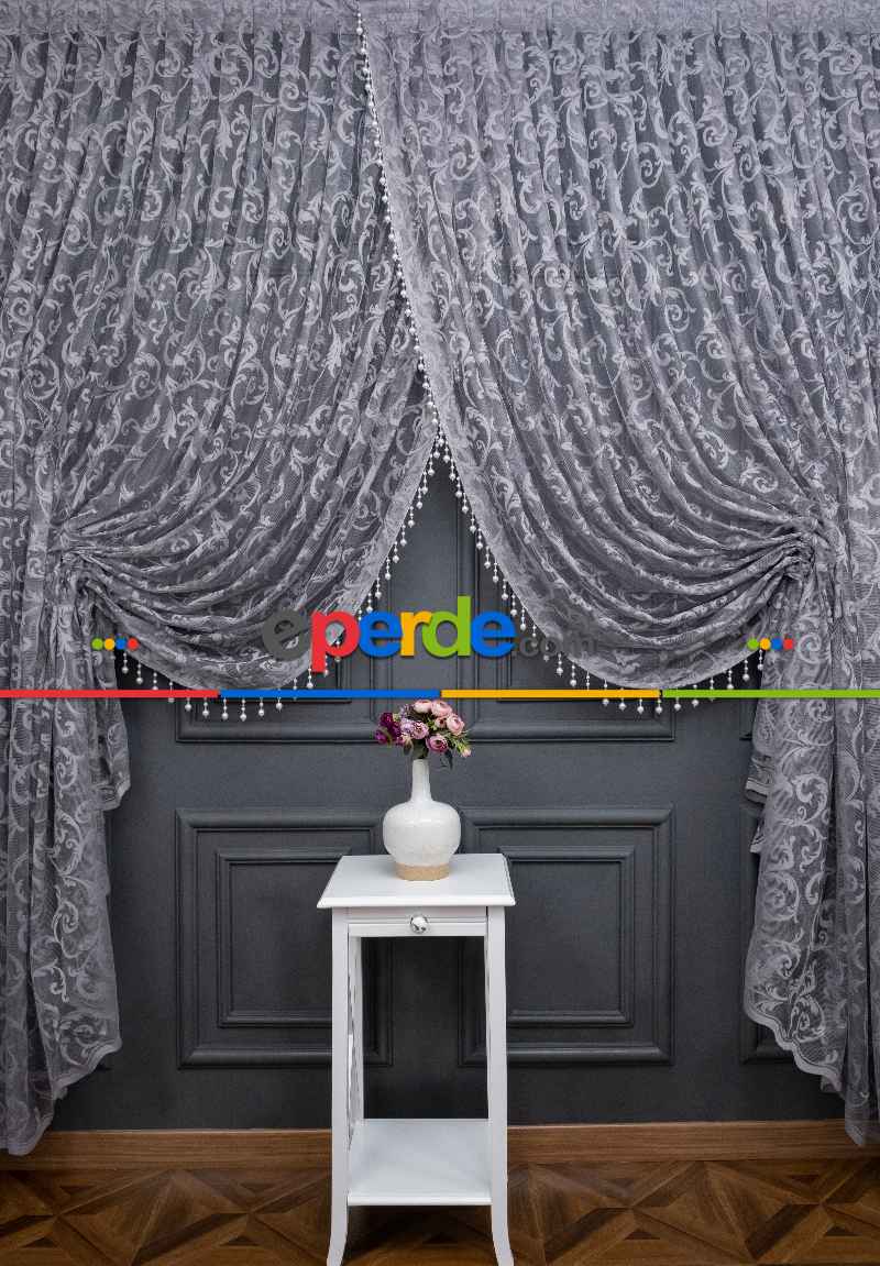 Gri Sarmaşık Desen Tül Kruvaze Şal Tül Perde Yanki Tül - Düz Model Sipariş Seçeneği - Yatak Odası Tül