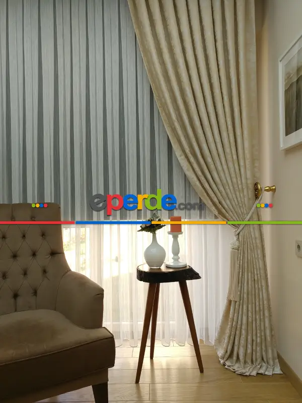 Bej Renk Jakar Desenli Fon Perde- Bej