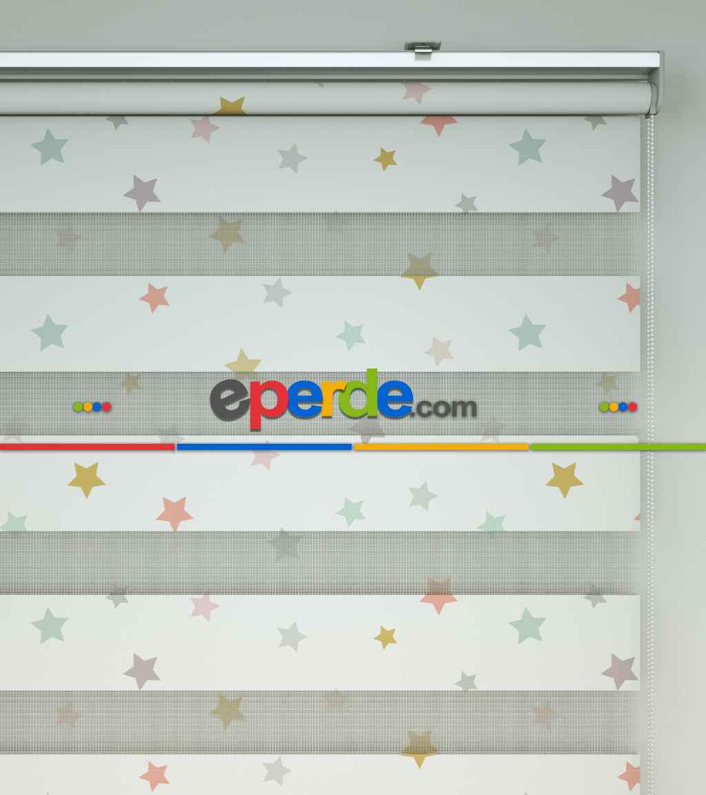 Yıldız Desenli Baskılı Zebra Perde- Çok Renkli