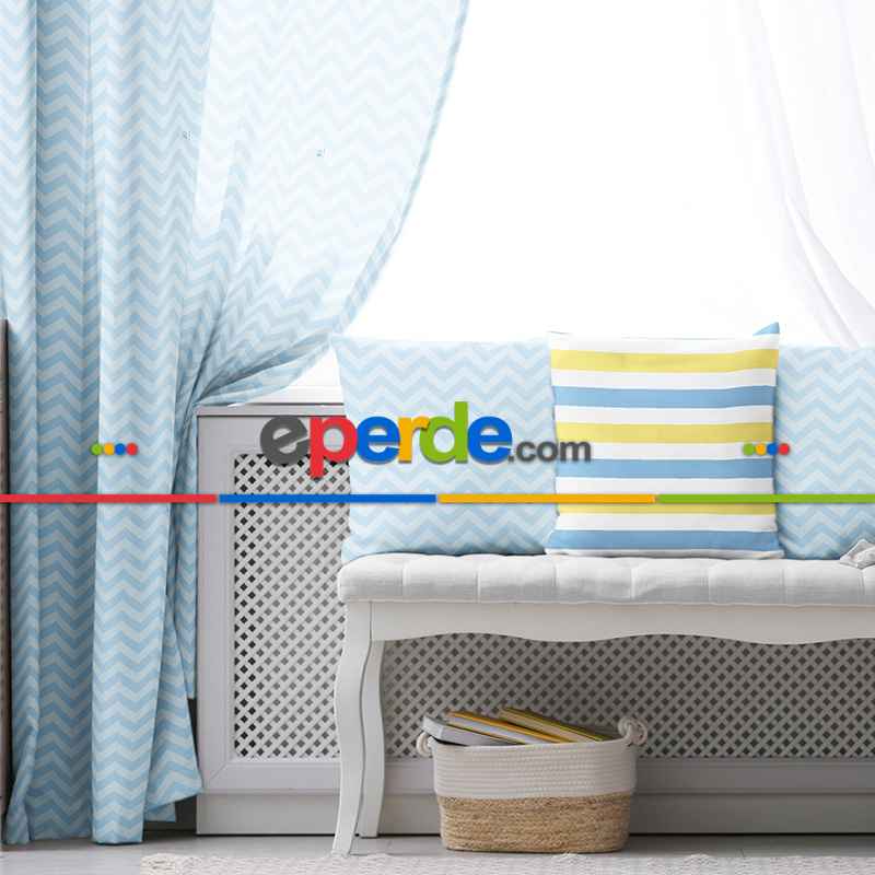 Çocuk Fon Perde Evim1616-4 Kumaşı Kalındır Duck Bezi Değildir- Mavi-beyaz