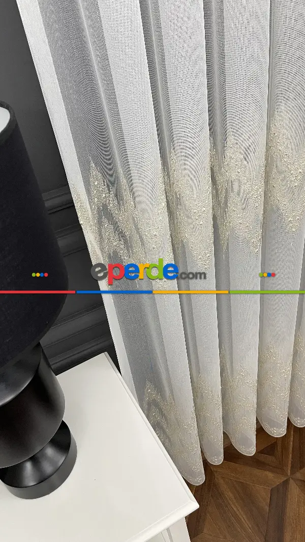 Mutfak Tül Perde - Desenli Tül - Altın Simli Hafif Keten Tül - Etek Ucu Nakışlı Tül Perde -  Salon Tül Perde