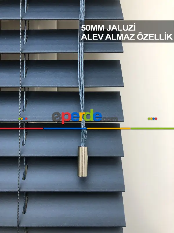 50mm Lacivert Ahşap Efektli Polywood Jaluzi Perde Alev Almaz Özellik- Lacivert