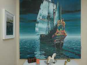 Gemi Desenli Dijital Baskılı Stor Perde- Turkuaz-Antrasit