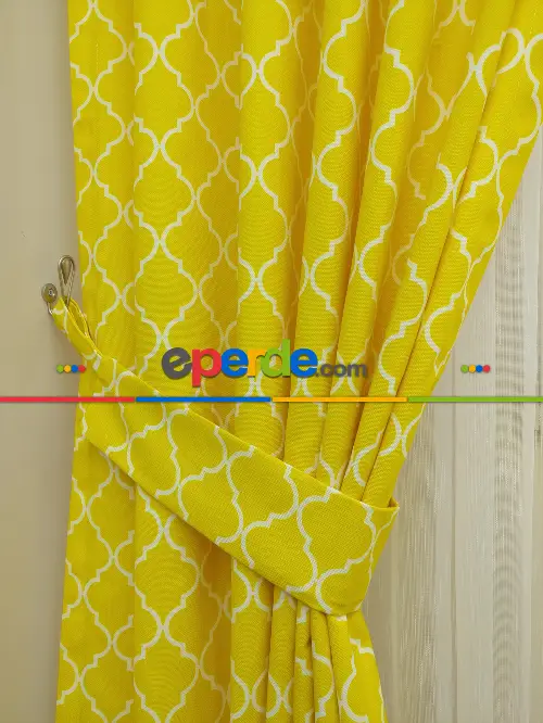 Sarı Dekoratif Ottoman Desenli Hazır Fon Perde - Kumaşı Kalındır Duck Bezi Değildir- Sarı-Beyaz