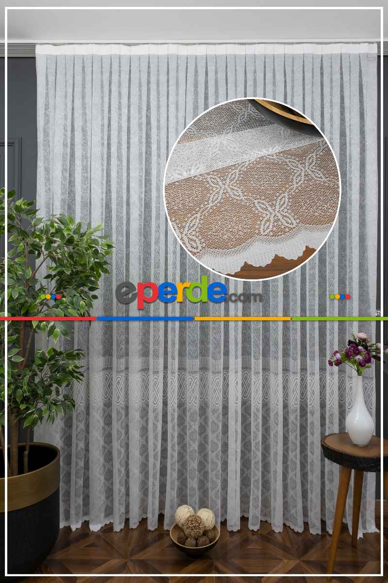 Eteği Bantlı Örme Tül - Ekru Renk Yüksek Kalite