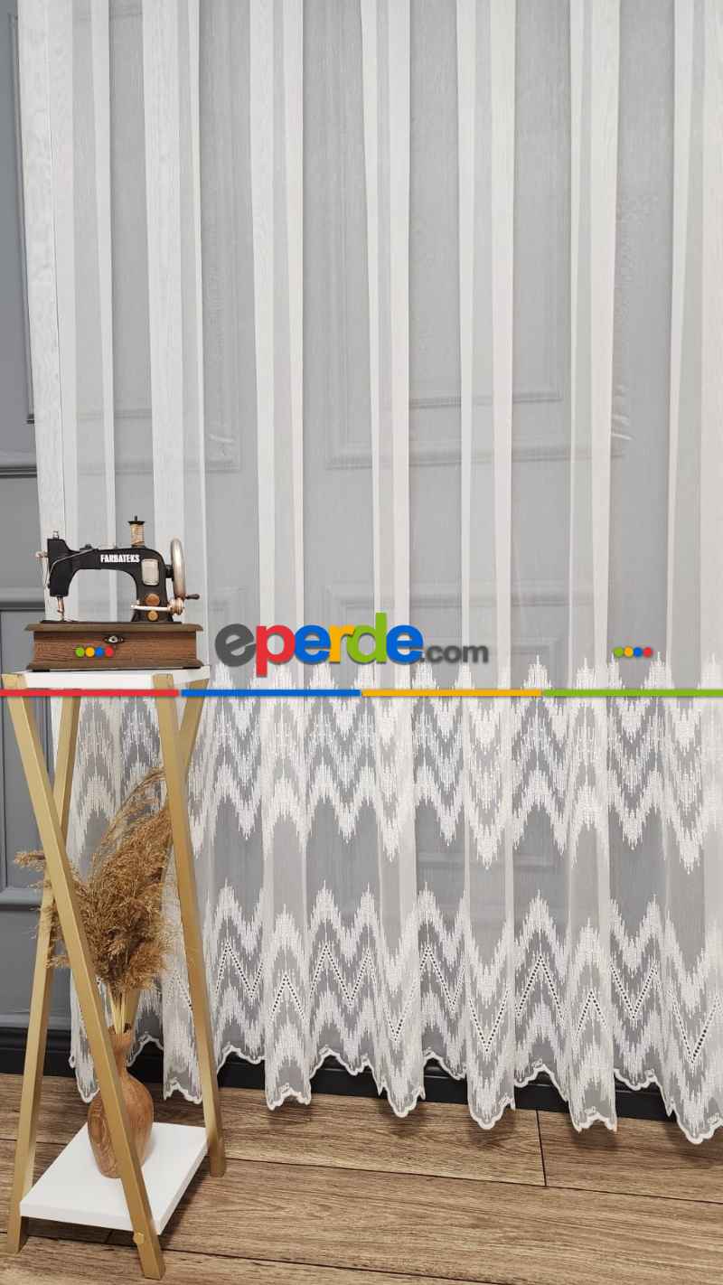 Salon - Taç Etek Geniş Ritim Model Desenli Kırışmaz Ütü İstemez Keten Tül Perde