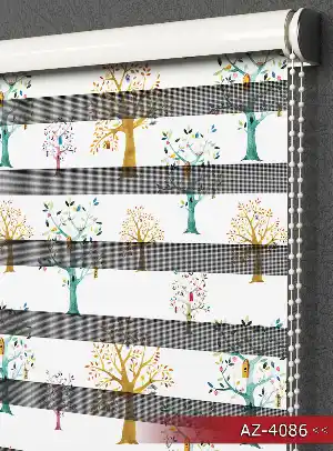 Salon Ve Mutfak - Ağaçlar Desen Baskılı Zebra Perde- Yeşil-Ekru-Kahve-Su Yeşili