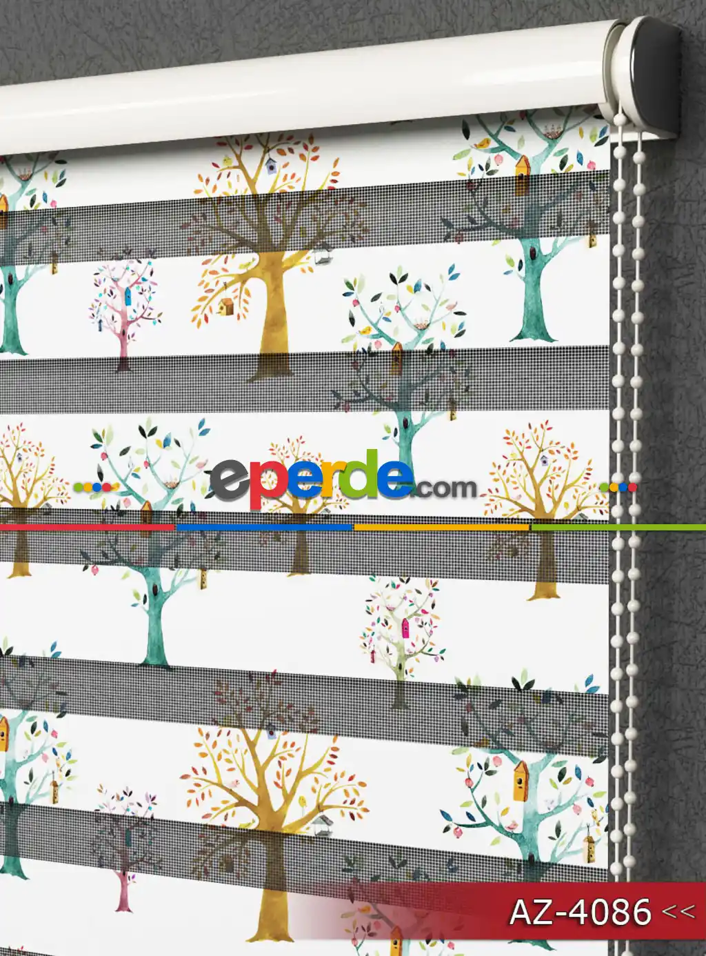 Salon Ve Mutfak - Ağaçlar Desen Baskılı Zebra Perde- Yeşil-Ekru-Kahve-Su Yeşili