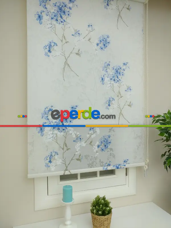 Desenli Mutfak Stor Perde- Mavi