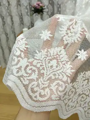 Ekru Serpme Damaks Desenli Örme Tül Perde - Ekru