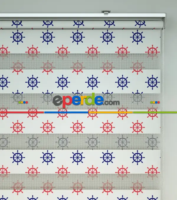 Dümen Baskılı Zebra Perde- Mavi-kırmızı-beyaz