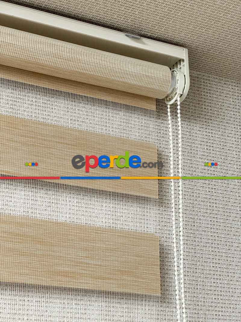 Oturma Odası Kum Beji Bambu Zebra Perde, Standart Metal Kasalı Yüksek Kalite Kornişe Kolay Montaj Seçenekli