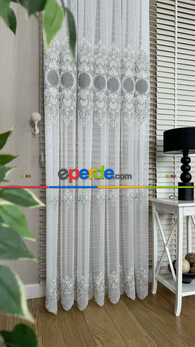 Ekru Gri Özel Dokuma, Özel İplik Brode İşlemeli Tül Perde - Ağır Gramajlı Premium Nakışlı