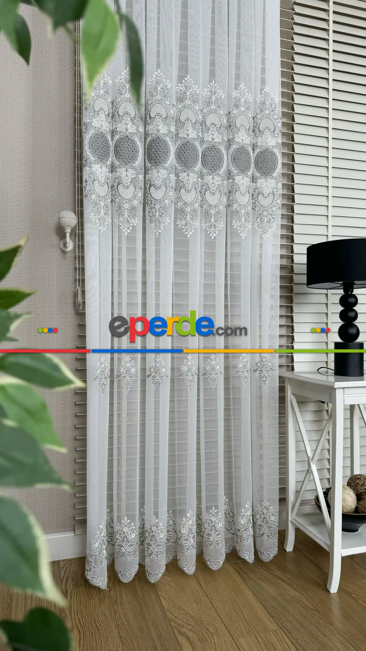 Ekru Gri Özel Dokuma, Özel İplik Brode İşlemeli Tül Perde - Ağır Gramajlı Premium Nakışlı