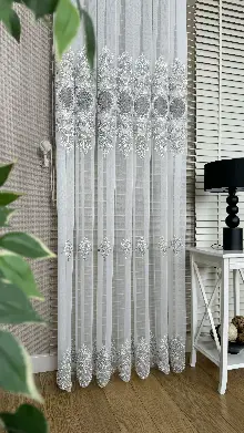 Ekru Gri Özel Dokuma, Özel İplik Brode İşlemeli Tül Perde - Ağır Gramajlı Premium Nakışlı