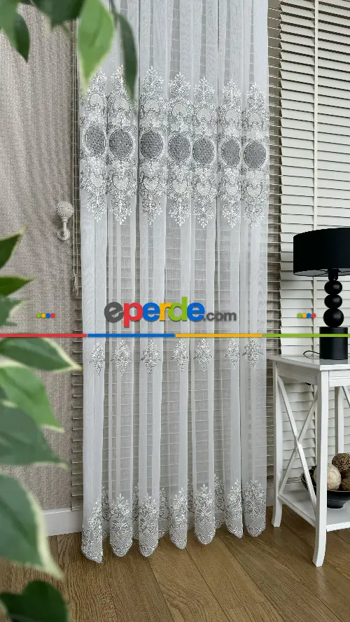 Ekru Gri Özel Dokuma, Özel İplik Brode İşlemeli Tül Perde - Ağır Gramajlı Premium Nakışlı