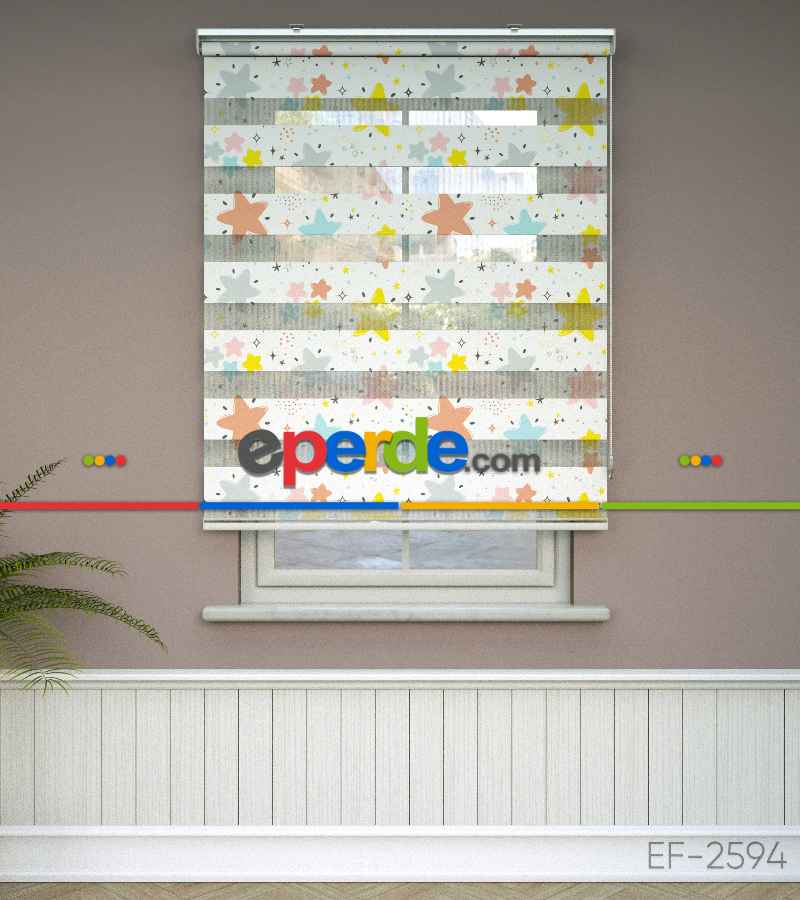 Yıldız Desenli Baskılı Zebra Perde- Çok Renkli