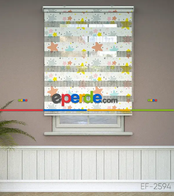 Yıldız Desenli Baskılı Zebra Perde- Çok Renkli