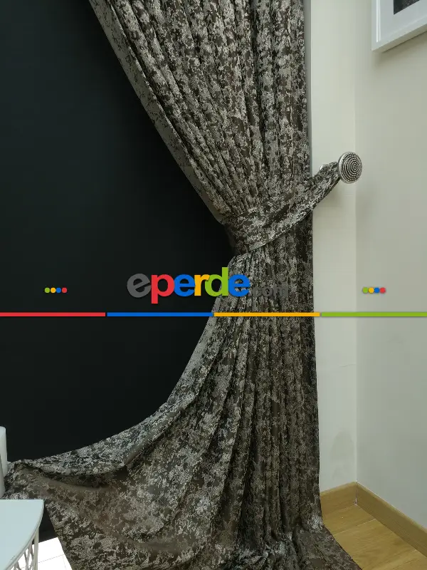 Krem Kahve Desenli Jakar Fon Perde - Kahve