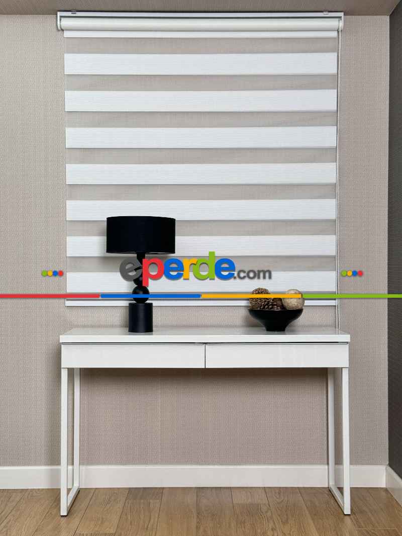 Yatak Odası Ekru Dar Sık Pliseli Zebra Perde, Standart Metal Kasalı Yüksek Kalite Kornişe Kolay Montaj Seçenekli