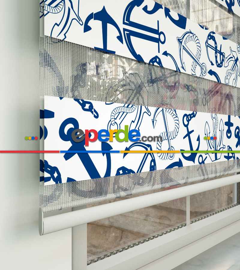 Çapa Baskılı Zebra Perde- Mavi-beyaz