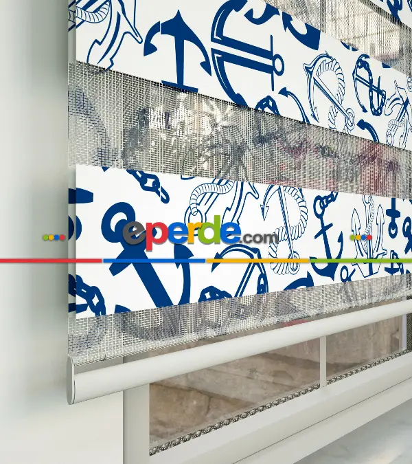 Bebek Odası Zebra Perde - Çapa Baskılı Zebra Perde- Mavi-Beyaz