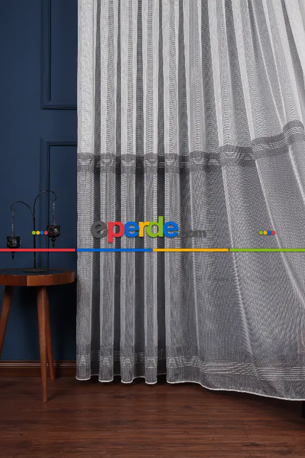 Yatak Odası - Ekru - Antrasit Gri Düz Tül Perde Ütü Istemez