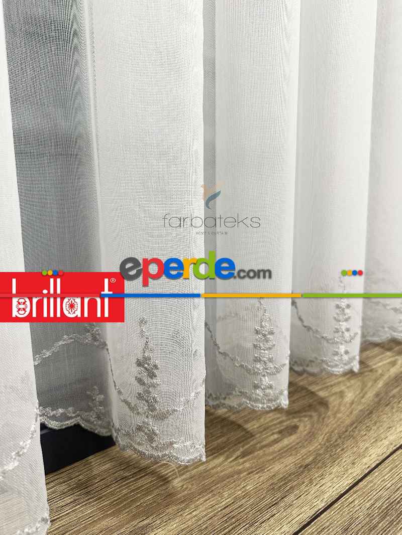 Brillant Ayna Desen Beyaz İşlemeli Tül Perde