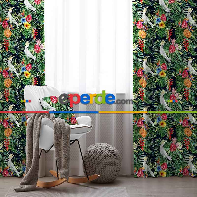 Tropikal Kuşlu Fon Perde Evim1028 Kumaşı Kalındır Duck Bezi Değildir- Mavi-beyaz