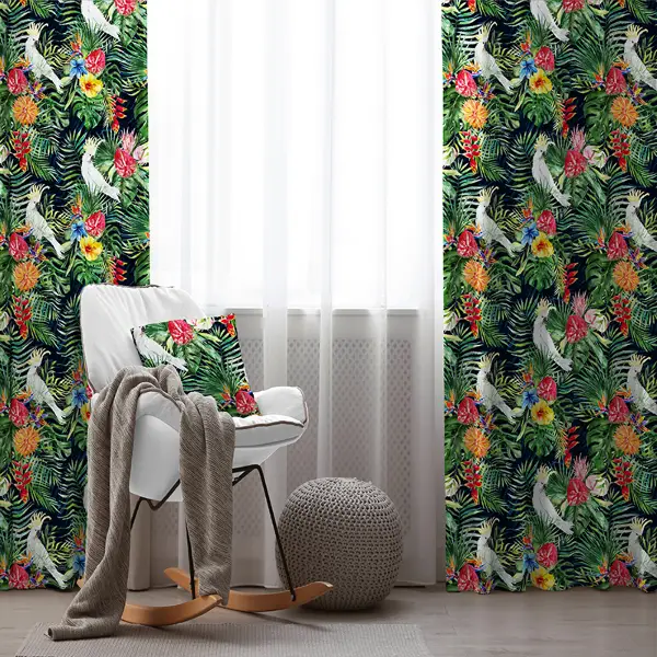 Tropikal Kuşlu Fon Perde Evim1028 Kumaşı Kalındır Duck Bezi Değildir- Mavi-beyaz