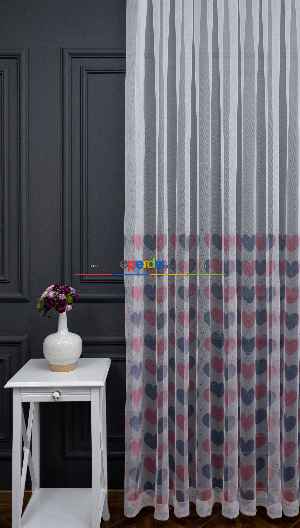 Hazır Ölçülü Petek Zemin Mor Pembe Renkli Kalp Desenli Grek Baskılı Tül Perde