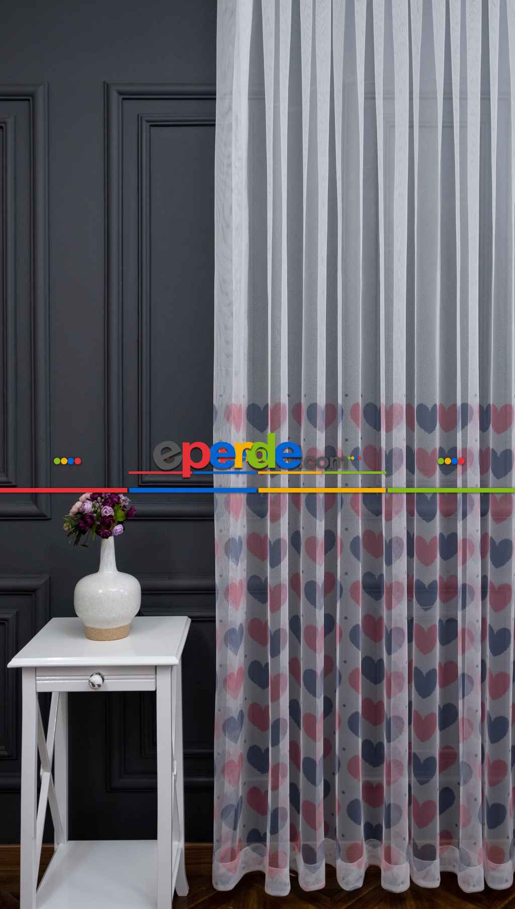 Hazır Ölçülü Petek Zemin Mor Pembe Renkli Kalp Desenli Grek Baskılı Tül Perde