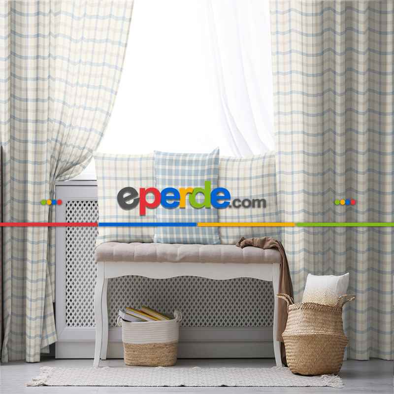 Salon Fon Perde Evim1615-3 Kumaşı Kalındır Duck Bezi Değildir- Mavi-beyaz