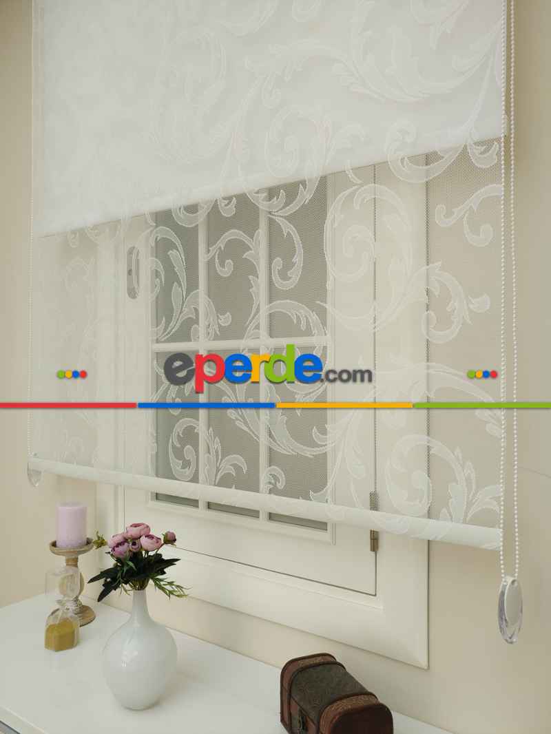 Jakar Örme Tül- Ekru Çiftli Sistem Dantel Desenli Perde- Ekru