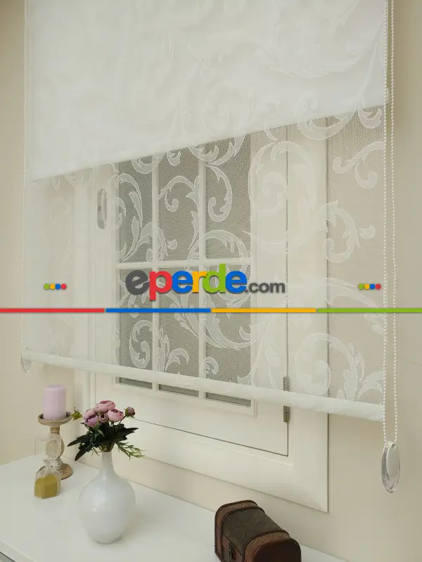 Jakar Örme Tül- Ekru Çiftli Sistem Dantel Desenli Perde- Ekru