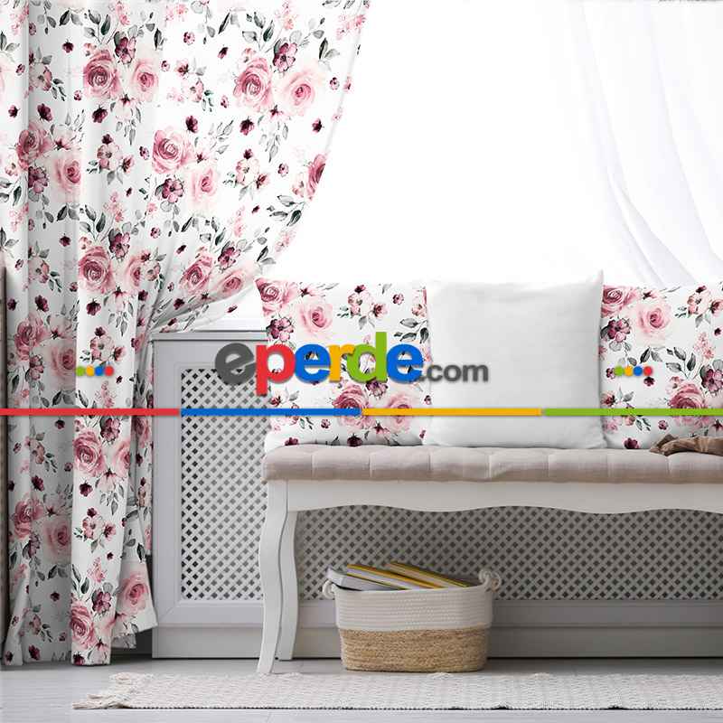 Çiçek Desenli Fon Perde Evim502 Kumaşı Kalındır Duck Bezi Değildir- Mavi-beyaz