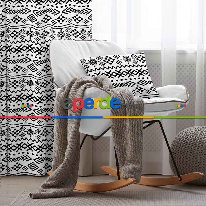 Etnik Fon Perde Evim1513 Kumaşı Kalındır Duck Bezi Değildir- Mavi-beyaz