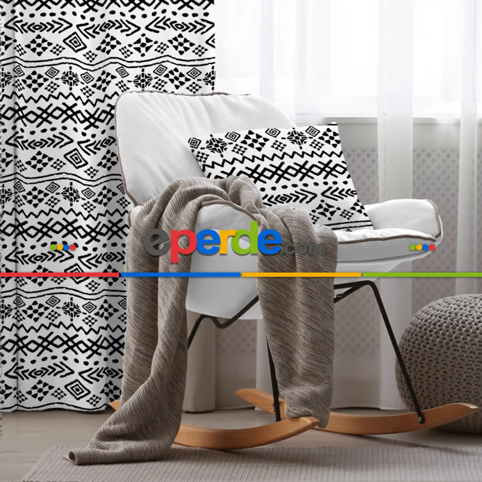 Etnik Fon Perde Evim1513 Kumaşı Kalındır Duck Bezi Değildir- Mavi-beyaz