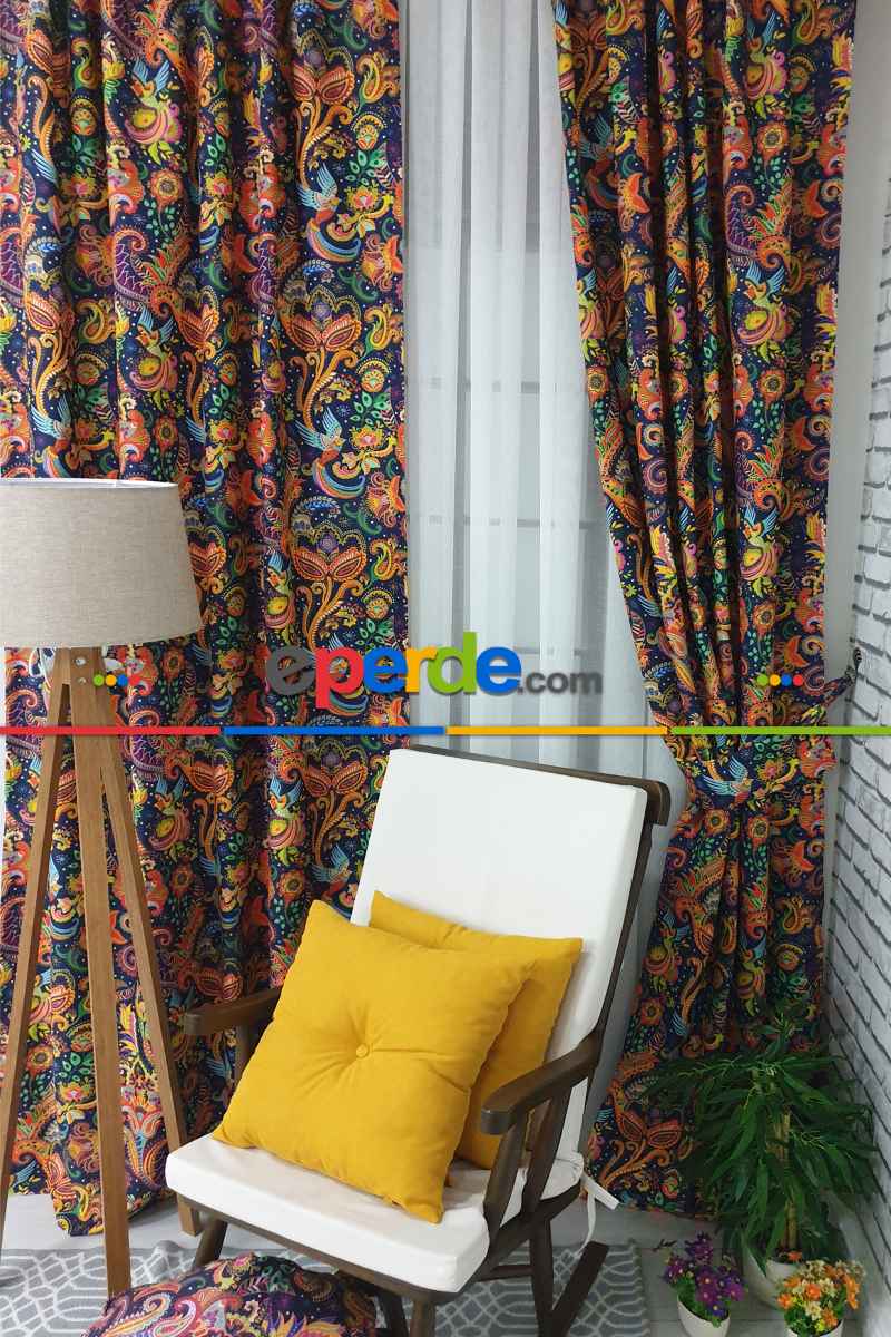 Etnik Desenli Fon Perde Evm452 _e - Kumaşı Kalındır Duck Bezi Değildir.- Lacivert-Mavi-Sarı-Kahve-Çok Renkli