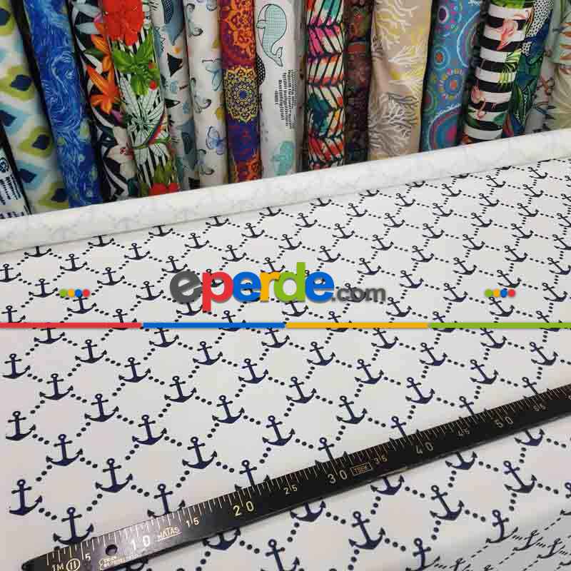 Marin Serisi Çapa Desenli Fon Perde Evm1512-4 Kumaşı Kalındır Duck Bezi Değildir- Mavi-Beyaz