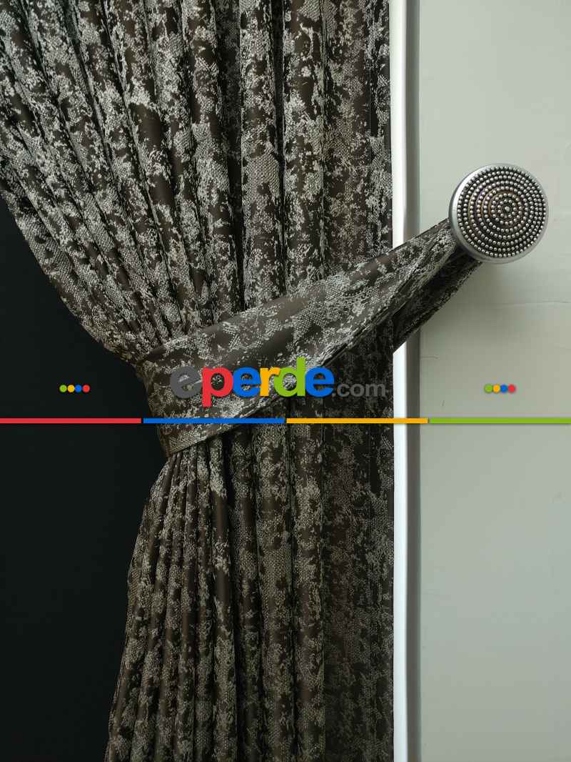 Krem Kahve Desenli Jakar Fon Perde - Kahve